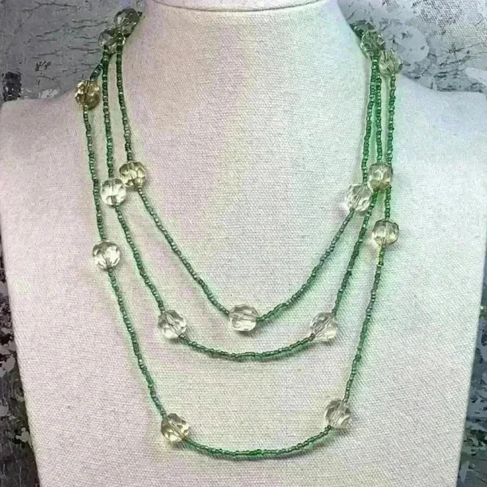 Vintage Green Seed Bead and Clear Faceted Crystals